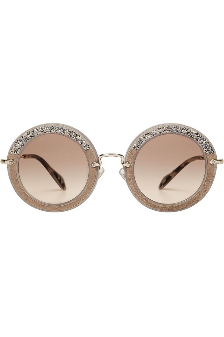 Miu Miu Miu Miu Noir Embellished Round Sunglasses With Suede