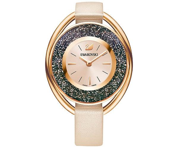 Swarovski Swarovski Crystalline Oval Watch, Leather Strap, Beige, Rose Gold Tone Pink Rose Gold-plated