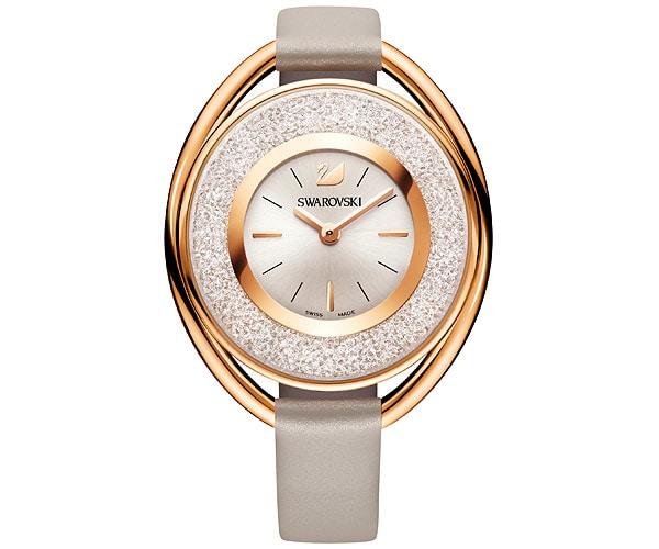 Swarovski Swarovski Crystalline Oval Watch, Leather Strap, Gray, Rose Gold Tone White Rose Gold-plated