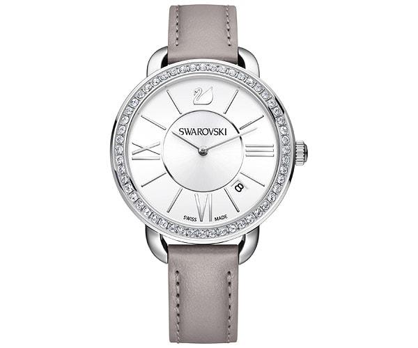 Swarovski Swarovski Aila Day Watch, Leather Strap, Gray, Silver Tone White Stainless Steel
