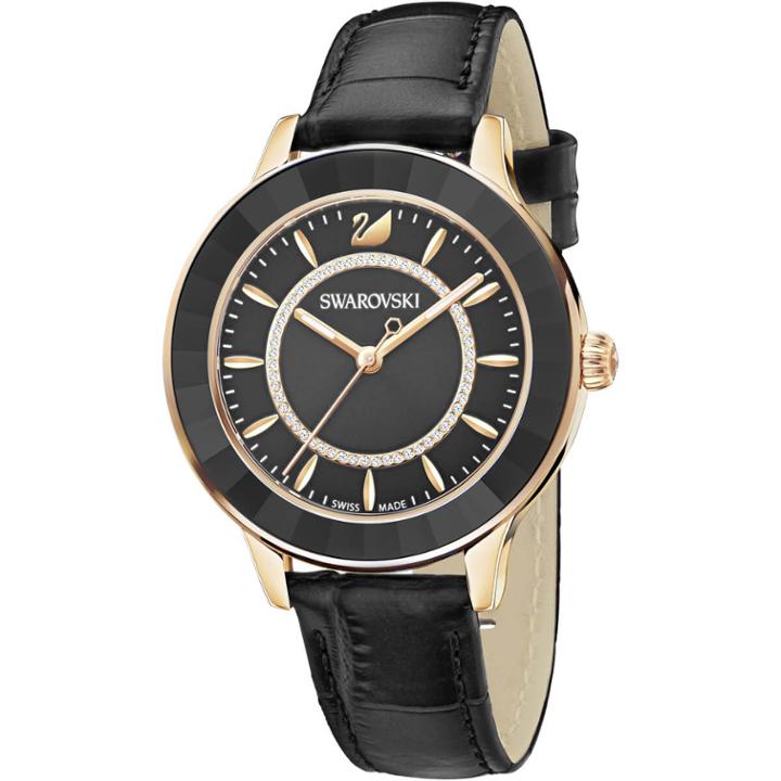 Swarovski Octea Lux Watch, Leather Strap, Black, Rose Gold Tone