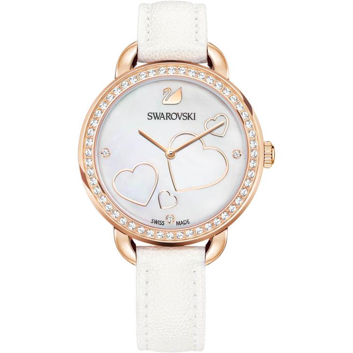 Swarovski Aila Day Heart Watch, Leather Strap, White, Rose Gold Tone