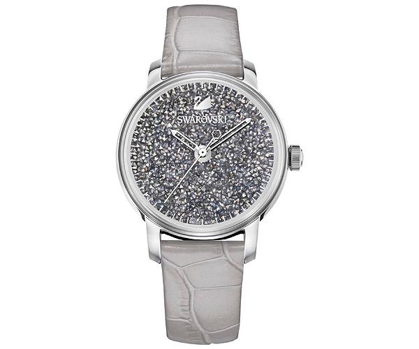 Swarovski Swarovski Crystalline Hours Quartz Watch, Leather Strap, Gray, Silver Tone Brown Stainless Steel