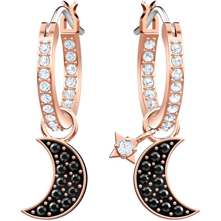 Swarovski Duo Moon Hoop Pierced Earrings, Black, Rose Gold Plating