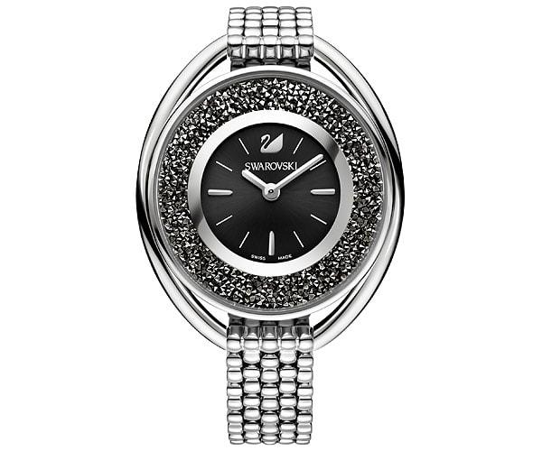 Swarovski Swarovski Crystalline Oval Watch, Metal Bracelet, Black, Silver Tone Brown Stainless Steel