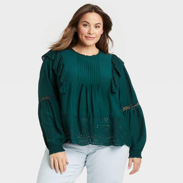 Women's Plus Size Long Sleeve Eyelet Blouse - Knox Rose Green