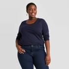 Women's Plus Size Long Sleeve Scoop Neck Essential Shirt - Ava & Viv Navy