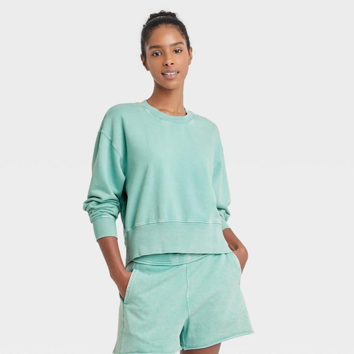 Women's French Terry Acid Wash Crewneck Pullover - Joylab Aqua Green