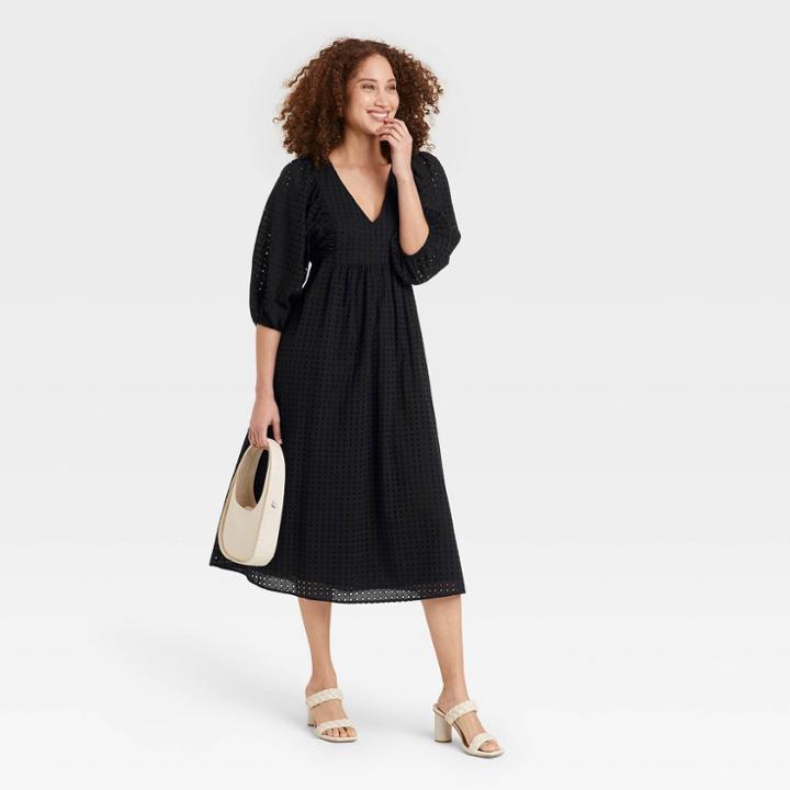 Women's Balloon 3/4 Sleeve Eyelet Dress - A New Day Black