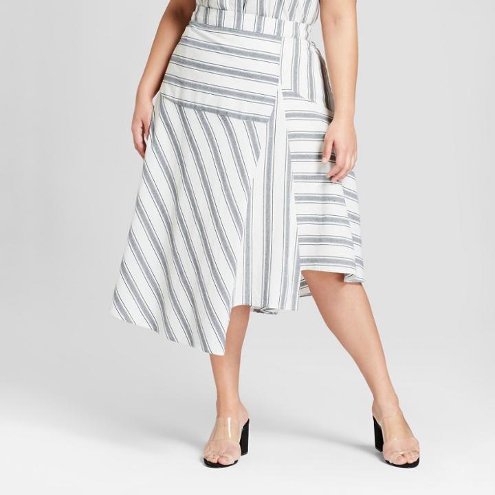Women's Plus Size Striped Flowy Asymmetric Midi Skirt - Who What Wear Blue/white