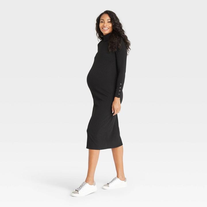 The Nines By Hatch Long Sleeve Turtleneck Ribbed Maternity Dress Black