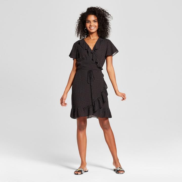 Women's Polka Dot Short Sleeve Mini Wrap Dress - Who What Wear Black/white Xs, Black/white Polka Dot
