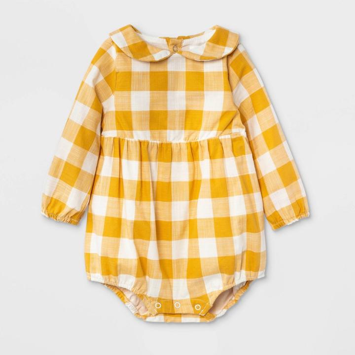 Baby Girls' Gingham Bubble Long Sleeve Romper - Cat & Jack Newborn, White/yellow