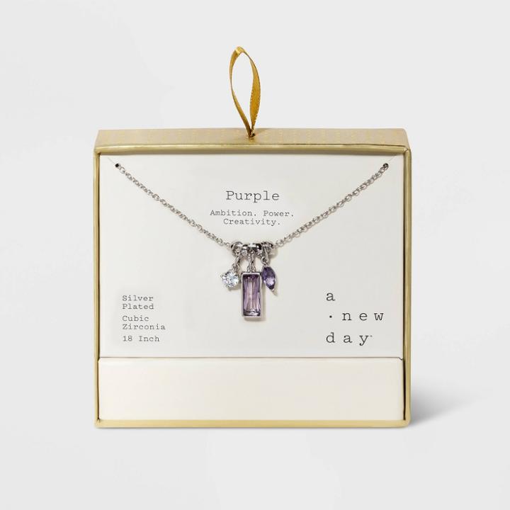 Silver Plated Purple Baguette And Cubic Zirconia Charm Necklace - A New Day Purple