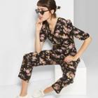 Women's Floral Print 3/4 Sleeve V-neck Belted Jumpsuit - Wild Fable Black M,