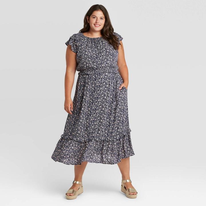 Women's Plus Size Floral Print Flutter Short Sleeve Dress - Universal Thread Navy