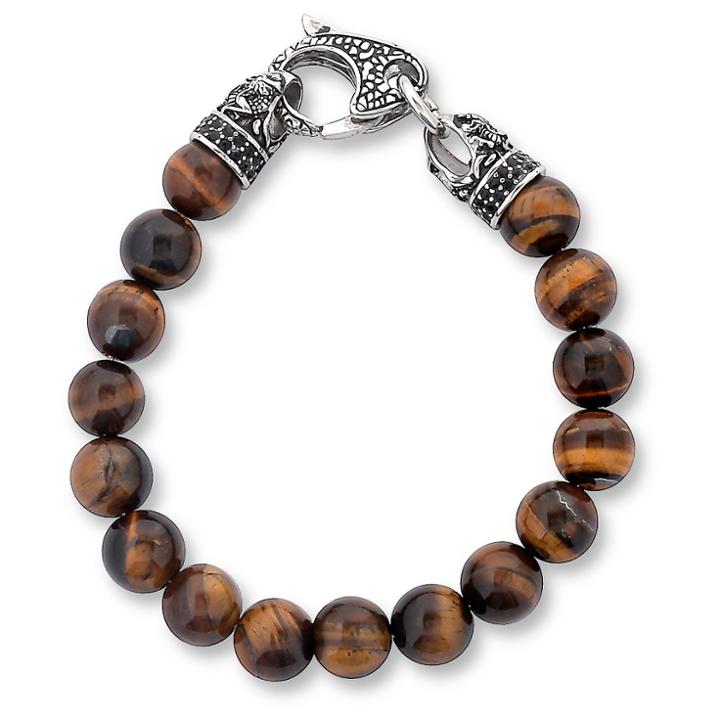 Men's Crucible Stainless Steel Dragon With Polished Tiger Eye's Beaded Bracelet, Brown