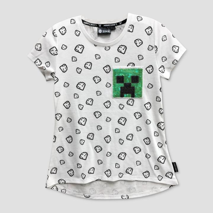 Girls' Minecraft J!nx 'creeper' Sequin Pocket Short Sleeve T-shirt - White