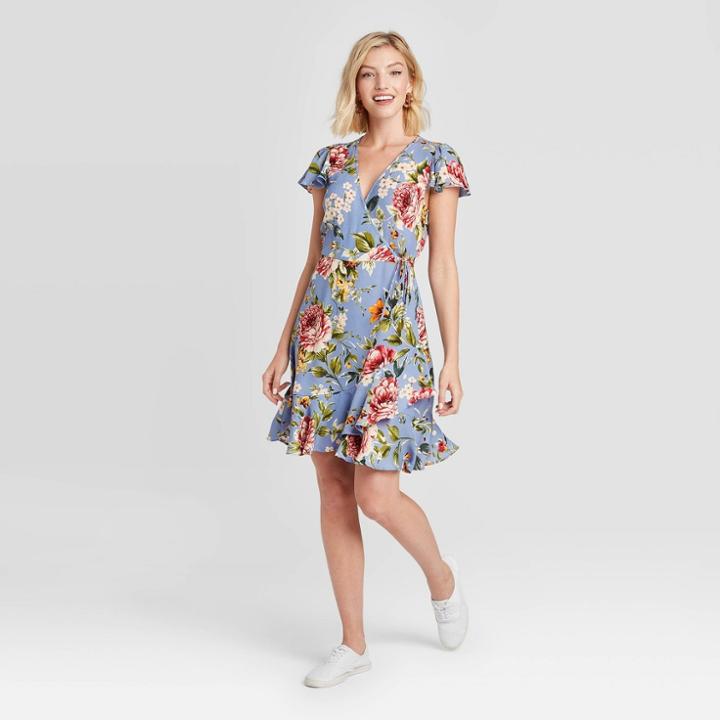 Women's Floral Print Short Sleeve Ruffle Bottom Wrap Dress - Xhilaration Blue
