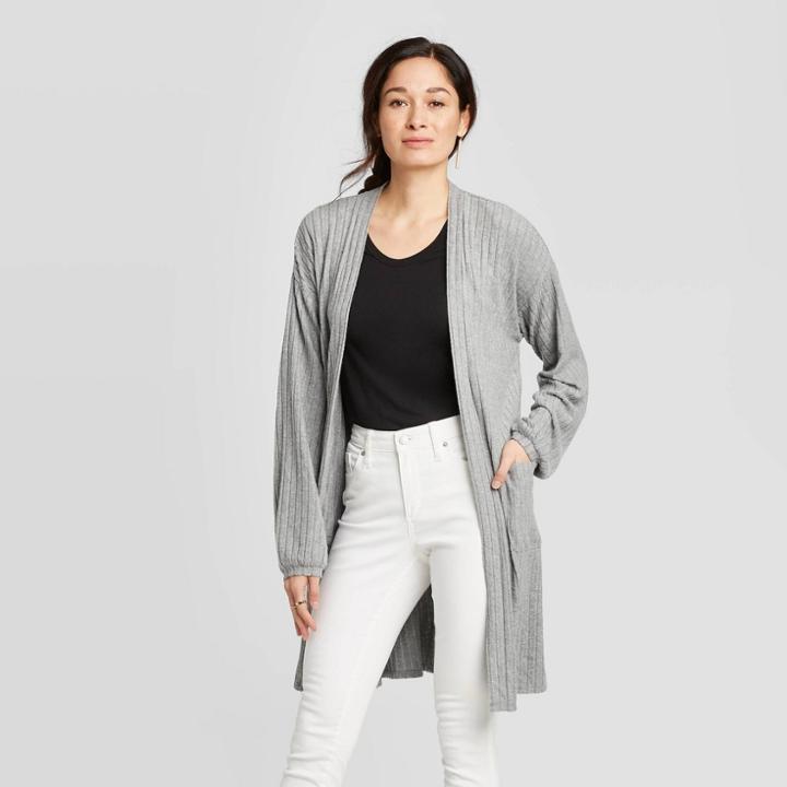 Women's Long Sleeve Ribbed With Pockets Knit Cardigan - Knox Rose Gray