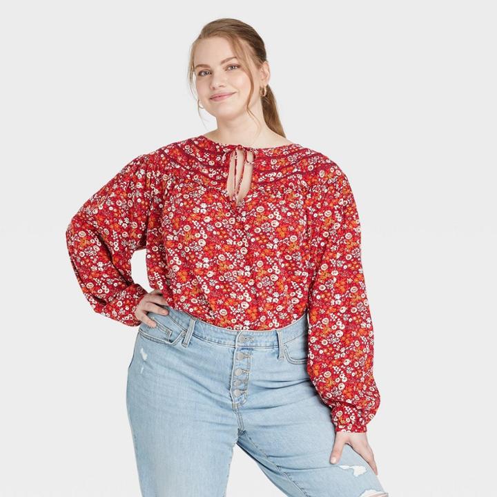 Women's Plus Size Balloon Long Sleeve Button-front Blouse - Universal Thread Red Floral