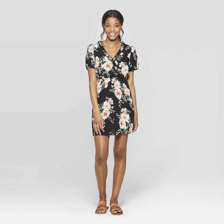 Women's Floral Print Short Sleeve Ruffle Trim Wrap Dress - Xhilaration Jet Black