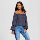 Women's Long Sleeve Striped Off The Shoulder Blouse - Layered With Love Navy/white
