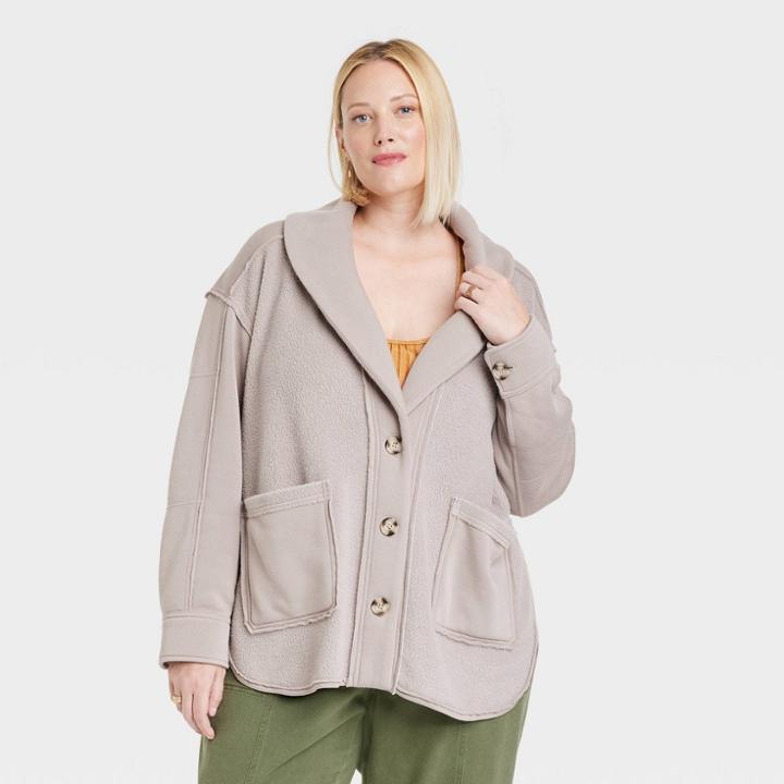 Women's Plus Size French Terry Shawl Collar Jacket - Knox Rose Gray
