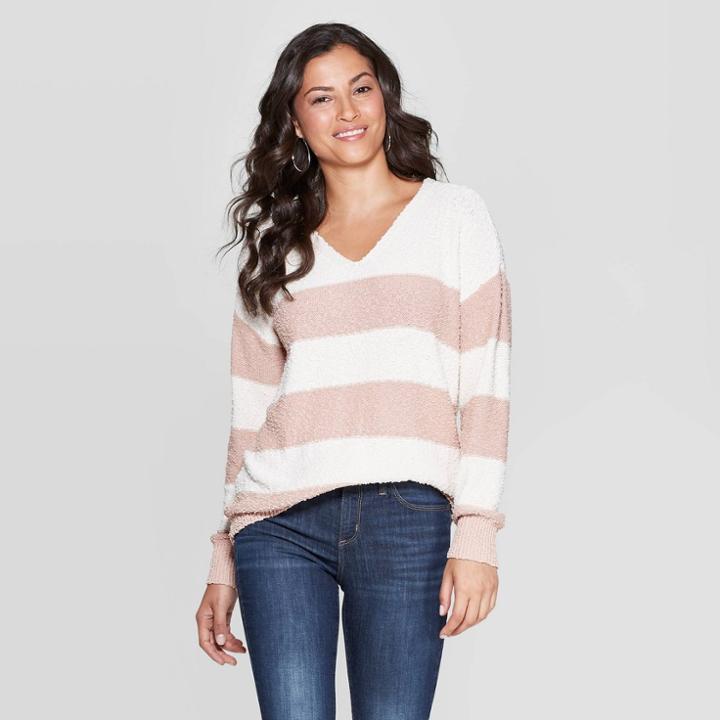 Women's Striped Long Sleeve V-neck Pullover Sweater - Knox Rose Ivory Xl, Women's, White