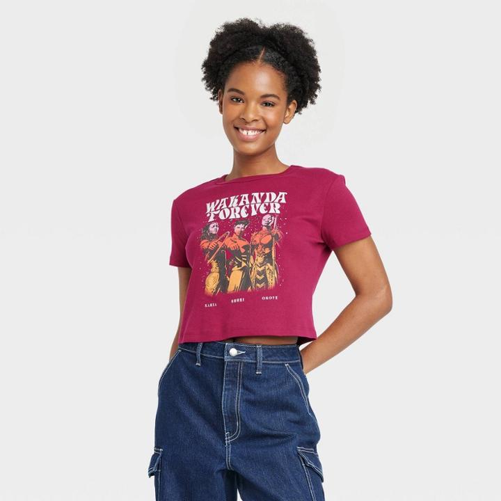 Women's Marvel Wakanda Forever Short Sleeve Graphic Baby T-shirt - Berry Red
