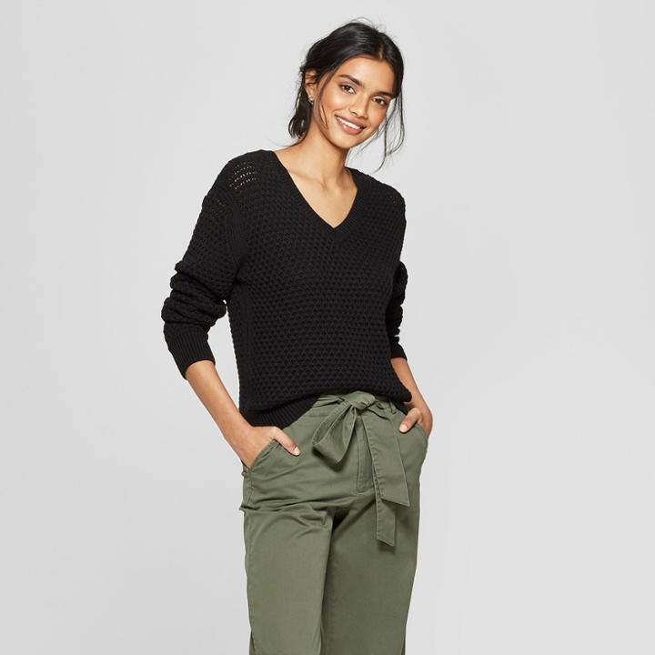 Women's Long Sleeve V-neck Pullover Sweater - A New Day Black