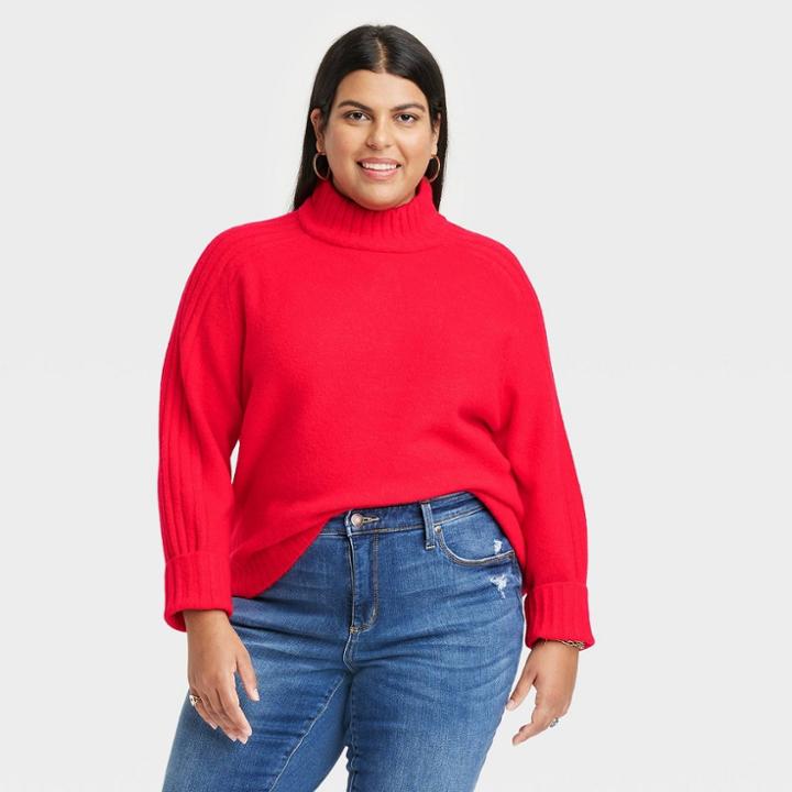 Women's Plus Size Mock Turtleneck Pullover Sweater - Ava & Viv Red