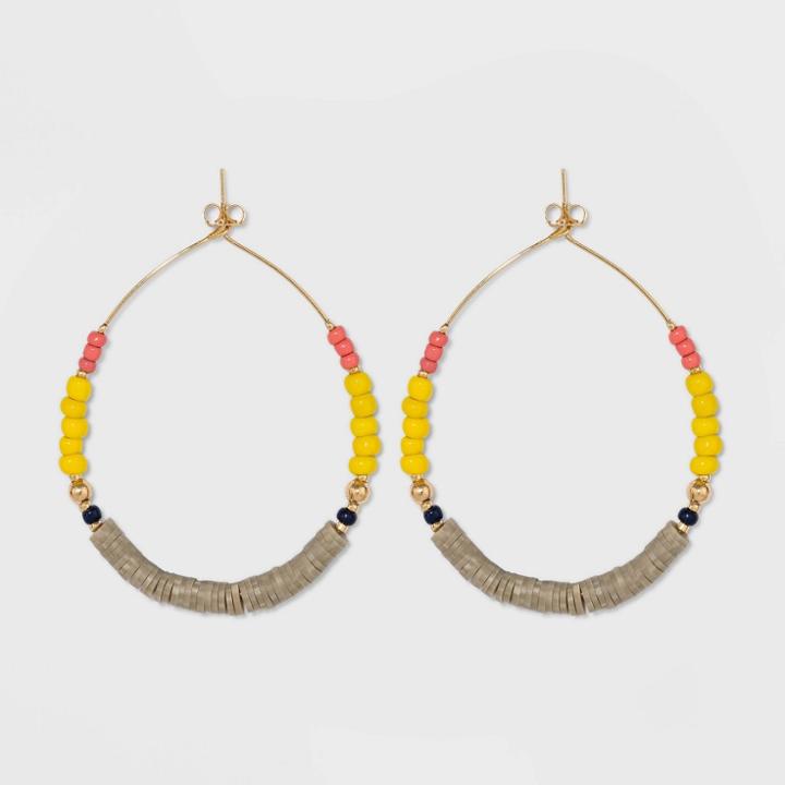 Yellow, Tan, Blue And Pink Beaded Wire Hoop Earrings - A New Day Tan