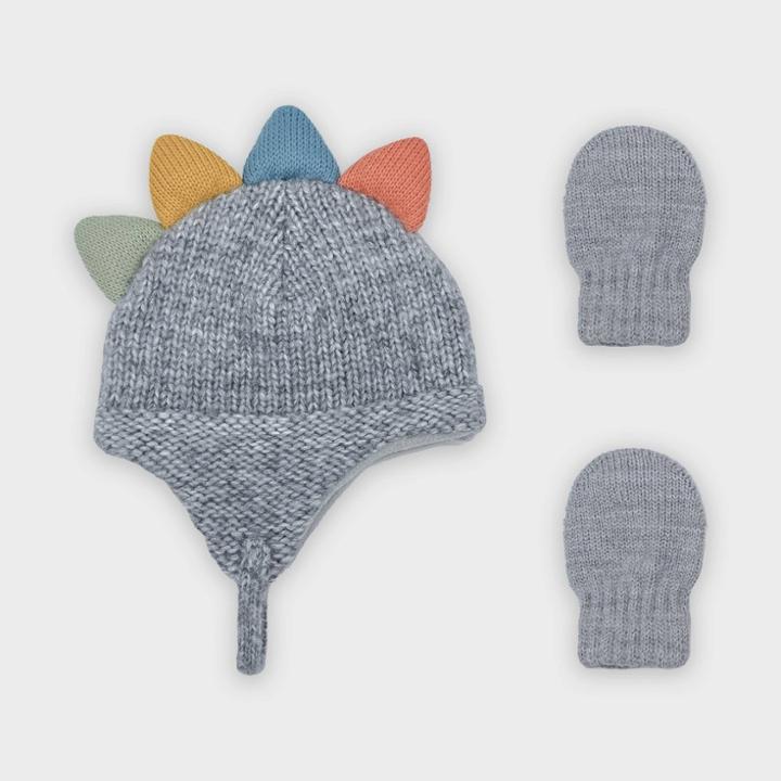 Baby Boys' Knit Dino Critter Trapper And Magic Mittens Set - Cat & Jack Light Gray Newborn
