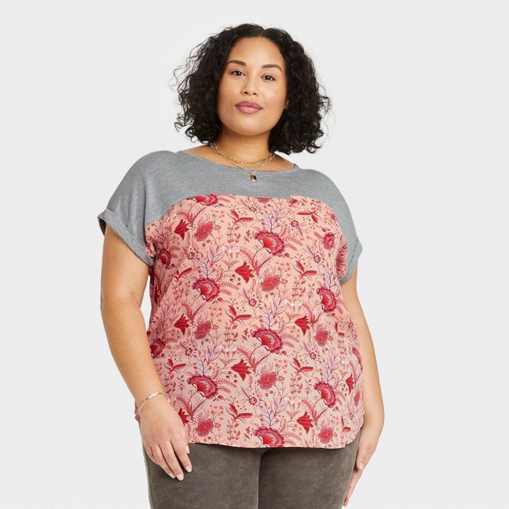 Women's Plus Size Short Sleeve Pocket T-shirt - Knox Rose Pink Floral