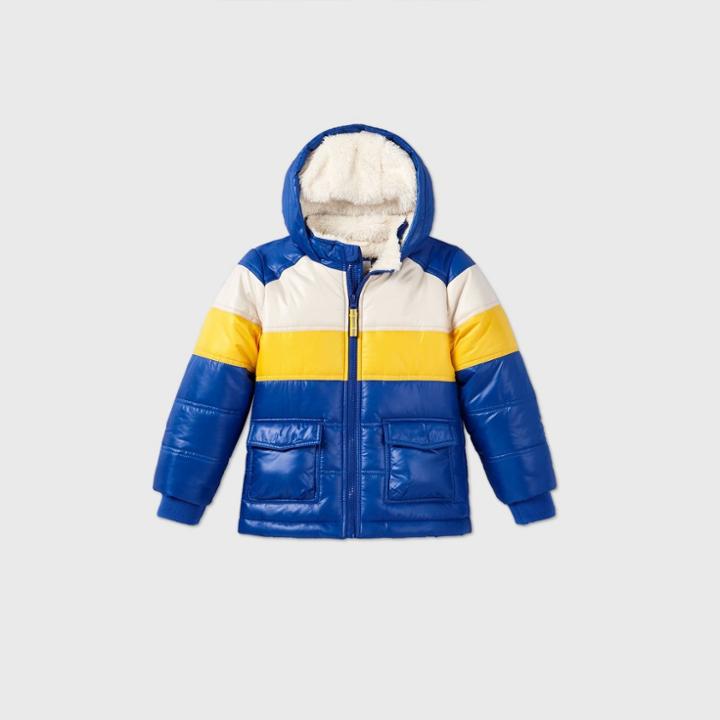 Toddler Boys' Colorblock Puffer Jacket - Cat & Jack Blue/yellow/white 12m, Blue/white/yellow