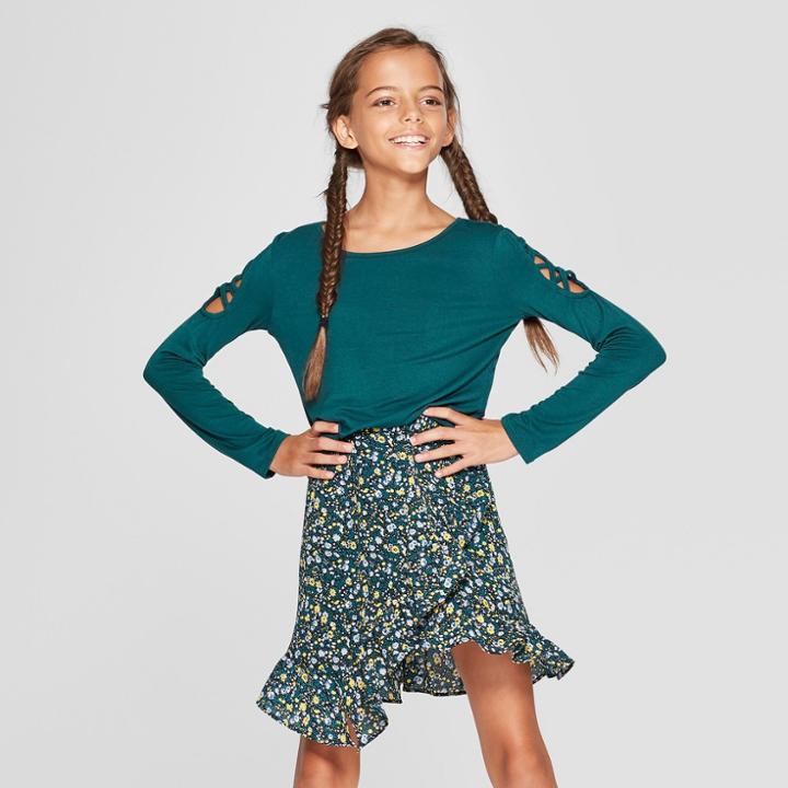 Girls' Lattice Long Sleeve T-shirt - Art Class Teal