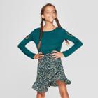 Girls' Lattice Long Sleeve T-shirt - Art Class Teal