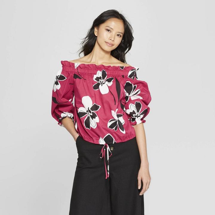 Women's Floral Print 3/4 Sleeve Off The Shoulder Bardot Top - Who What Wear Red