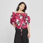 Women's Floral Print 3/4 Sleeve Off The Shoulder Bardot Top - Who What Wear Red