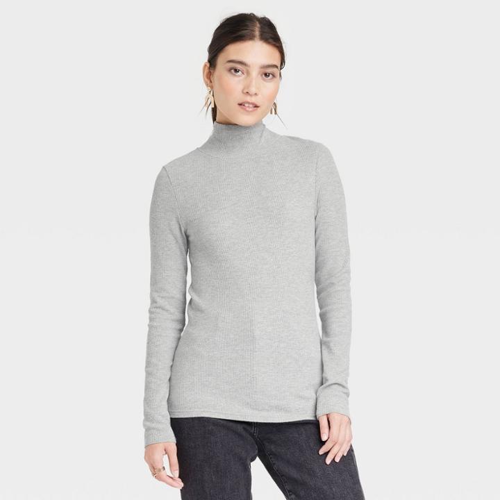 Women's Long Sleeve Waffle Knit Mock Turtleneck Slim Fit T-shirt - Universal Thread Heather Gray