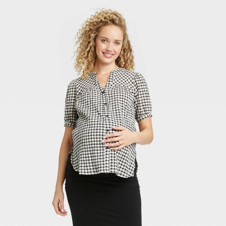The Nines By Hatch Short Sleeve Button-down Maternity Shirt Black Plaid