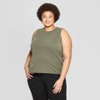 Women's Plus Size Crew Neck Tank Top With Back Slit - Ava & Viv Olive (green)