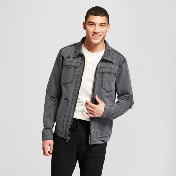 Men's Front Zip Destructed Denim Trucker Jacket - Jackson Black