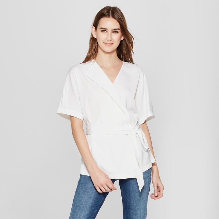 Women's Short Sleeve Drapey Wrap Blouse - Mossimo White
