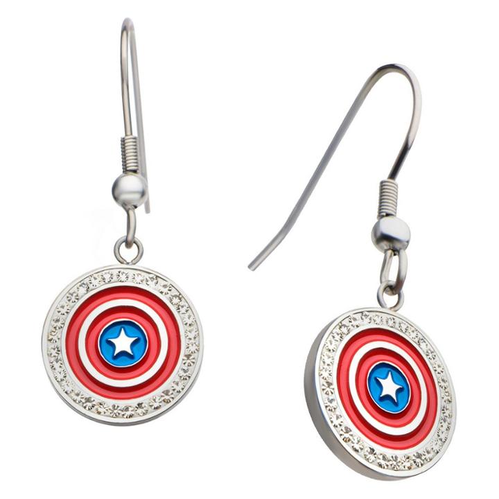 Women's Marvel Captain America Shield Logo Stainless Steel Dangle Earrings With Clear Cz,