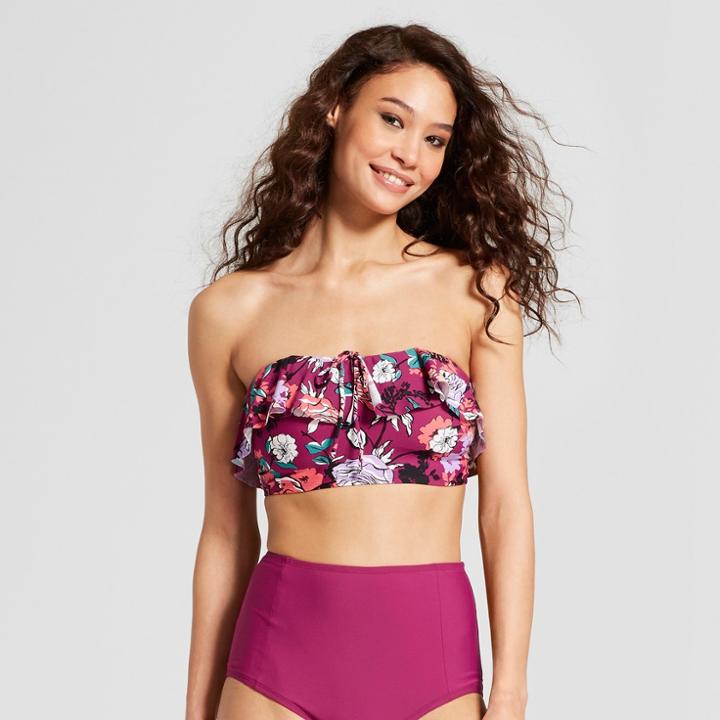 Sea Angel Women's Floral Flounce Bandeau Bikini Top - Bordeaux Floral