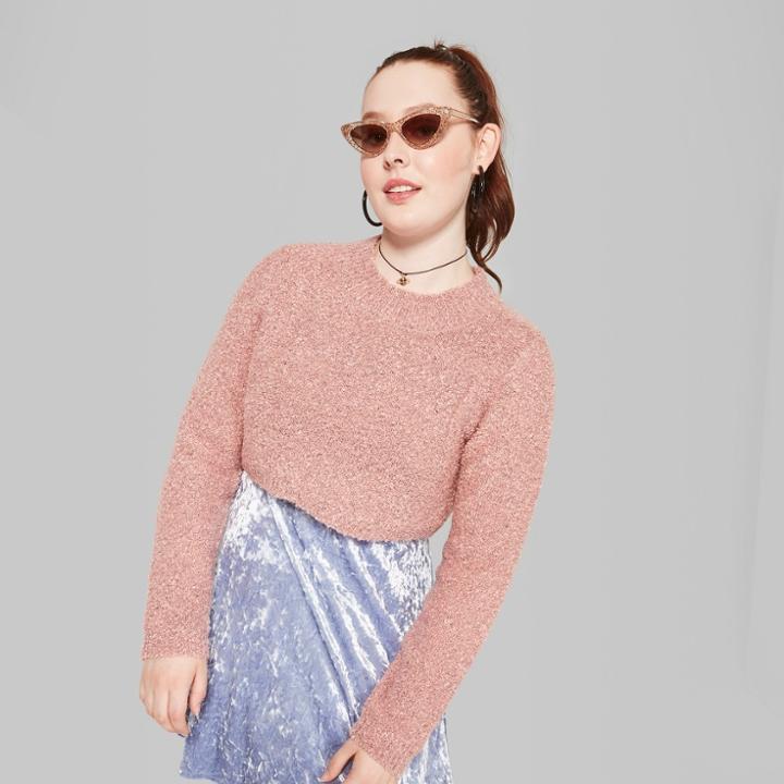 Women's Plus Size Cropped Long Sleeve High-low Pullover - Wild Fable Pink