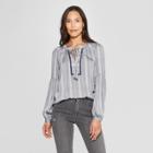 Women's Striped 3/4 Sleeve Crew Neck Peasant Top With Tassels - Knox Rose Blue