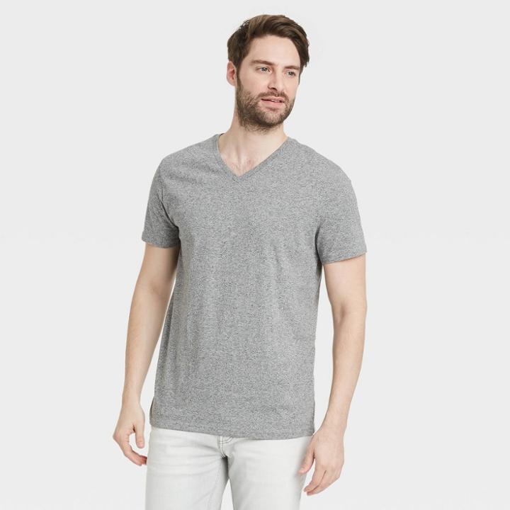 Men's Pinstripe Regular Fit Short Sleeve V-neck T-shirt - Goodfellow & Co Gray